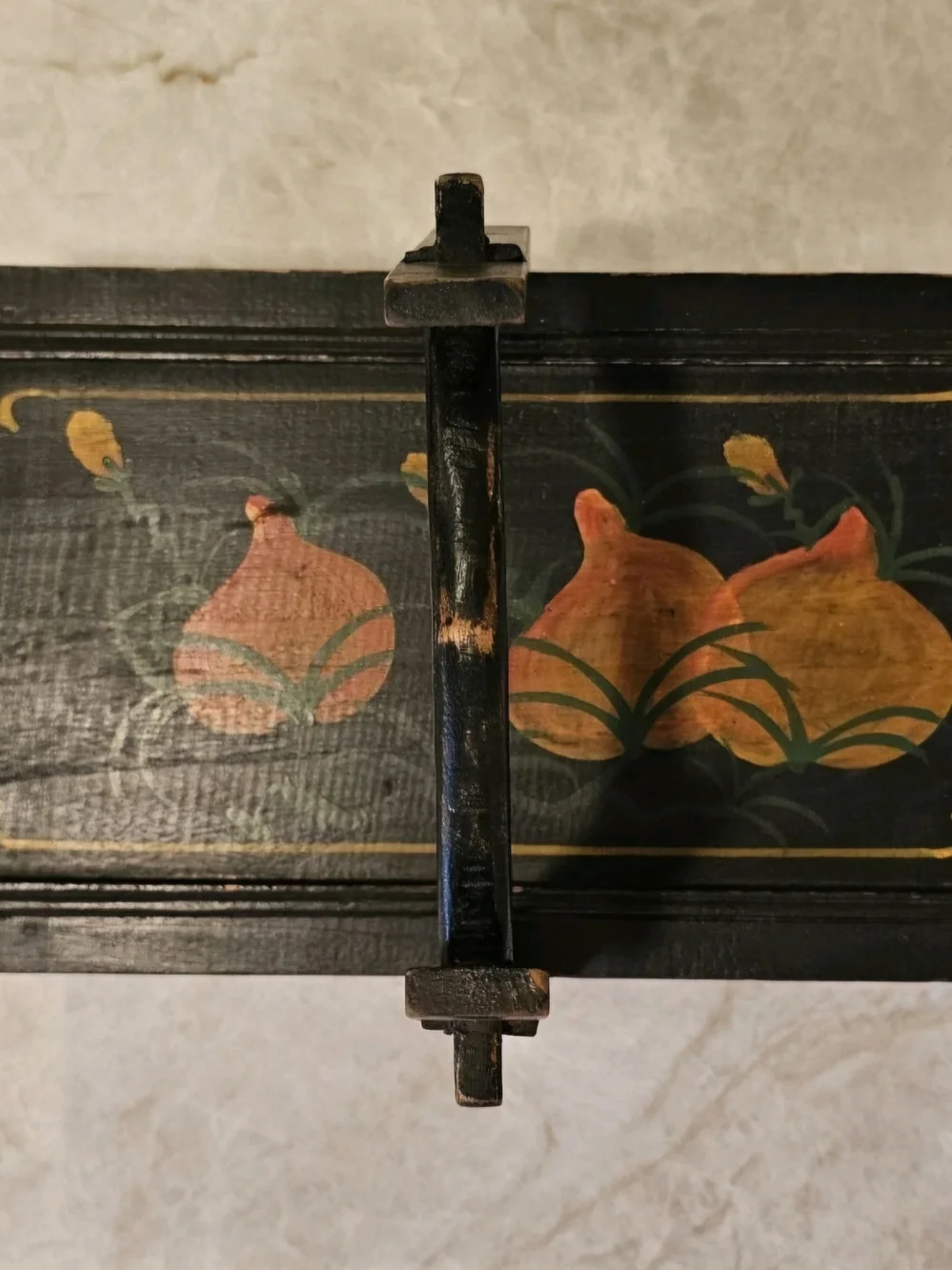Antique Chinese Wooden Wedding Box/ Rice Basket Hand Painted 19th Cent.
